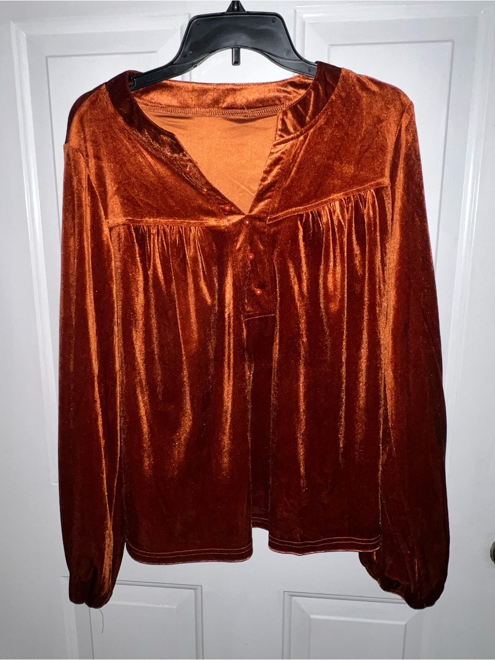 Velvet Long-Sleeve Button Detail Top - Rust